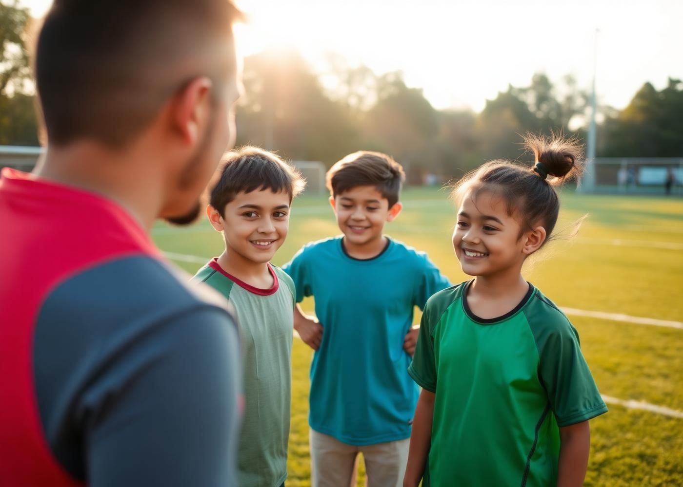 Éducateur sportif avec de jeunes joueurs sur un terrain