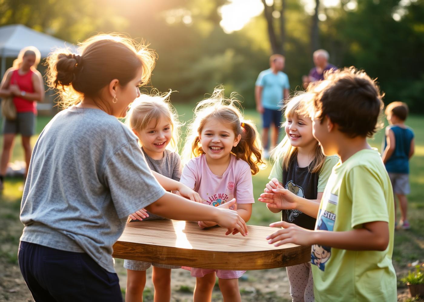 Enfants en activité coopérative avec une animatrice